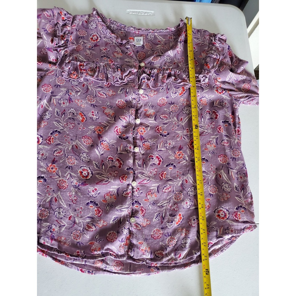 GAP Womens Purple Floral Ruffle Button Front Long Sleeve Peasant Top M - Picture 7 of 8